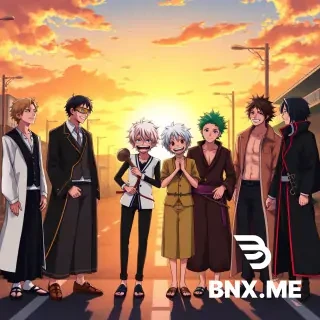 Sure! Here's a detailed English prompt perfect for generating an image of this epic scene:---Prompt:Eight iconic anime characters — Aizen (Bleach), Gojo (Jujutsu Kaisen), Inosuke (Demon Slayer), Light Yagami (Death Note), Zoro (One Piece), Noel Silva (Black Clover), Obito, and Madara (Naruto) — standing side by side in a single straight line, all laughing together uncontrollably. Each character has their unique traits: Aizen with his mysterious smirk, Gojo with his blindfold slightly tilted and white hair messy, Inosuke wearing his boar mask but laughing loudly from the chest, Light with a mischievous schoolboy grin, Zoro with a rare warm smile, Noel with elegant posture but laughing eyes, Obito and Madara standing shoulder to shoulder with ironic, bittersweet laughter. The background is a surreal sunset battlefield mixed with a modern city street, symbolizing peace after conflict. The atmosphere is warm, joyful, and epic. Art style: vibrant anime illustration, cinematic lighting, high detail, colorful, group portrait, dynamic expressions, studio-quality render.with there masks and real kits