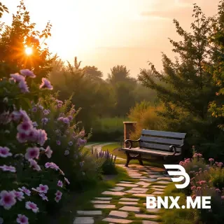 "A dreamy garden at golden hour, soft sunlight filtering through leafy trees, blooming flowers in soft pink and lavender, a winding stone path leading to a vintage wooden bench. The sky is a gradient of warm orange, cotton candy pink, and soft purple with gentle, wispy clouds. Shot with a shallow depth of field, slightly hazy, romantic and ethereal aesthetic, high quality, 4K."