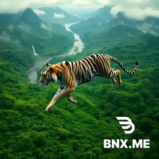 A high-angle photorealistic aerial scene of a dense tropical jungle with rivers, waterfalls, and misty mountains. Across the green forest floor stretches a gigantic anamorphic black and white tiger in mid-pounce, its body distorted naturally by the terrain and perspective. The jungle vegetation remains vivid green while the tiger artwork dominates the center. Hyper realistic lighting, cinematic jungle atmosphere, drone shot, intricate details, realistic shadows and terrain integration.