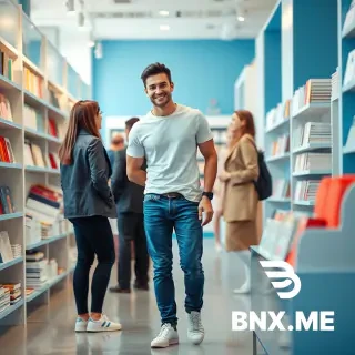 Wide shot of a professional male salesman (35 years old, athletic build, short black hair, wearing a white t-shirt, blue jeans, and white sneakers) calmly stepping into the frame between the customer and the manager. He has a confident but warm smile, gently placing his hand on the customer's shoulder. The background is a bright blue-and-white bookstore with neat stationery displays. Soft natural lighting, hopeful mood, photorealistic, 9:16. --ar 9:16