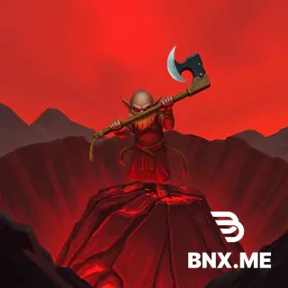 Generate an image for me in the style of Magic: The Gathering. The card features a goblin standing at a volcano’s crater, wielding an axe with a blade tied to a wooden stick using straw rope, posed to swing the axe downward. Below the crater lies solidified magma. The entire card uses a red‑toned art style, complete with a card border. The aspect ratio (height to width) of the full card is 25:19. Deliver highly detailed artwork with a straight‑on front perspective.