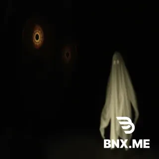 Close up of a stickman face looking terrified, with a faint ghostly shadow standing right behind him in the dark.