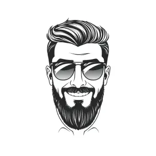 Stilizzata, bianco e nero, primo piano di un uomo sorridente, barba curata a punta, occhiali stile Ray-Ban (montatura sottile, lenti trasparenti, non da sole). Tratto minimale e pulito, linee nette, senza sfondo o sfondo neutro, illustrazione vettoriale, disegno in bianco e nero ad alto contrasto