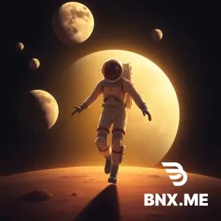 Create an imaginary image of a 4-legged, 3-armed man in space walking between planets.