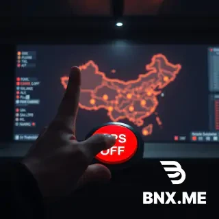 *A cinematic, symbolic shot from a dark control room. A single index finger hovers over a large red button labeled “GPS OFF”. In the background, a glowing night map of China is projected on a screen, with several key infrastructure icons (power plants, airport, stock exchange) turning grey or showing red warning symbols. The lighting is low-key, with the only illumination coming from the screen and a dim overhead spotlight on the button. Moody, tense atmosphere. 4K, photorealistic, movie poster composition.*