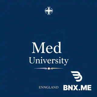 A very elegant and minimalist medical poster design. White and deep blue color scheme. At the top center, a small decorative medical cross or logo. Below it, the word "Med" in a modern serif font. Under that, "University" in a clean sans-serif font. The background features a soft, faded, artistic silhouette of a human heart and stethoscope. At the bottom, there is a subtle decorative line and the text "ENNGLAND" and a small web address. The overall style is luxury, clean, high-end, suitable for a prestigious medical university poster. 4k resolution, sharp focus, professional typography.