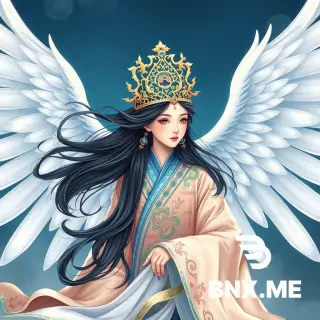 Epic‑level national‑chao new‑Chinese‑style illustration, theme of Jingwei from Shan Hai Jing (Classic of Mountains and Seas). At the center of the frame stands Jingwei, an oriental demigoddess. She has a young‑girl visage with exquisite oriental facial features, gentle yet resolute eyes, fair cool‑toned skin, and refined eye makeup. Her long jet‑black hair flies wildly in the wind with abundant, layered fine strands. She wears an ornate hollow‑out golden phoenix‑pattern crown inlaid with tiny sapphire‑blue gemstones. Behind her unfurls a pair of enormous, majestic pure‑white divine bird wings; every feather is distinctly rendered with gilded trim along the edges, and the wings stretch wide open toward both sides of the composition.  The goddess wears an elaborate ancient‑Chinese wide‑sleeve long gown dominated by deep cobalt blue, cerulean and moon‑white with fluid large‑scale color gradients. Robes and hems billow wildly in gales and ocean waves with lifelike fabric folds. The costume is covered in intricate interlacing cloud motifs all outlined in hot‑stamped gilding with metallic golden luster; sections of the skirt are translucent and sheer. Stretching forward with her right hand, the goddess holds a round, translucent crimson divine stone etched with flowing golden light patterns.  Beneath her and across the background surges a colossal swirling vortex of teal‑blue seawater. Giant circling billows coil and spiral with abundant foam and mist. Ocean waves adopt traditional Chinese scroll‑grass water patterns, every wave crest outlined in gilded lines. In the distance stand several steep, stern gray‑green jagged mountain peaks accented by golden ornamentation within rock crevices. Wispy mist drifts high above beneath a deep indigo night sky dotted with faint starlight.  The overall background base is profound jet‑black, which maximizes visual contrast for hues of blue, white, gilded gold and crimson. Luxurious visual tension is achieved with abundant golden lines, hot‑stamped foil texture and fine sparkling gold‑leaf particles. Ornate traditional Chinese decorative patterns permeate the whole artwork. It delivers grand narrative atmosphere with solemn, romantic mythological sentiment. Cinematic soft lighting and volumetric shading create rich depth. Exquisite ultra‑high detail is applied to hair strands, feathers, garment creases and wave textures. 8K ultra‑high‑definition resolution with sophisticated color saturation. No cartoon or anime stylization; reject flat graphic style. Heavy‑paint illustration, digital Chinese‑style painting.