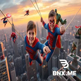 Epic action scene at sunset over a sprawling metropolis. In the foreground, the main hero: a young boy (age 4) wearing a red and blue superhero suit, smiling brightly, looking courageous and determined as he swings between skyscrapers using futuristic cables, the true leader of the team. Fighting alongside him:  A red-and-blue wall-crawling hero with a full-face web mask, agile and acrobatic, shooting webs between buildings. A younger red-and-black suit hero with a similar web-shooting style and a hooded mask, swinging nearby. A patriotic hero in blue, white, and red with a vibranium-style circular shield, standing tall on a ledge. A high-tech armored hero in red and gold, flying with glowing repulsor blasts from his hands and feet, wearing a sleek battle suit. A giant green muscular colossus with a kind, protective gaze watching over the citizens. On the rooftops, four anthropomorphic ninja turtles with red, blue, orange, and purple headbands, leaping between buildings with their traditional weapons (swords, nunchucks, sais, and staff). Lightning, dust, speed effects, cinematic golden-hour lighting, spectacular and heroic atmosphere. High-end 3D animated Pixar-style render, vibrant colors, highly detailed, suitable for children. No text, landscape format 16:9.