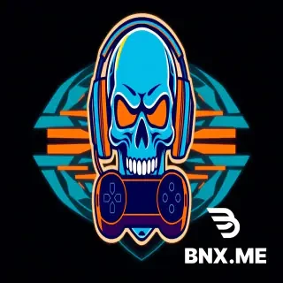 a cool esports logo for a streamer, stylized as a cyberpunk skull with gaming headphones and a controller, neon blue and orange colors, flat vector art, avatar design, transparent background