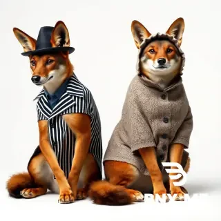a seated male jackal, fit and slim, weaing a smart hat and a pin-striped dog coat and a female jackal, seated, very much overweight with a bonnet and a lacey dog coat