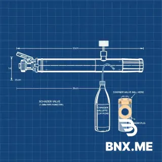 Technical blueprint drawing of a homemade water blaster toy. White lines on dark blue grid background. Side view with all dimensions clearly labeled in centimeters and millimeters.  Two galvanized steel pipes: main pipe exactly 25cm long with 27mm diameter, smaller stock pipe 17.3cm long with 27mm diameter, zip-tied underneath with 4 black zip-ties.  Front of main pipe: brass ball valve with lever handle. Plastic bottle cap nozzle attached to valve outlet with precisely drilled 2.6mm hole. Label: "NOZZLE 2.6mm".  Rear of main pipe: Schrader valve (bicycle tire valve) protruding from rear wooden plug. Label: "SCHRADER VALVE - PUMP HERE".  Clear aquarium hose (6mm inner diameter) runs from rear plug down to 2-liter cola bottle. Binder clip clamped on hose as shut-off valve. Label: "CLAMP - CLOSE BEFORE PUMPING".  Both ends of main pipe: wooden dowel plugs locked with M4 safety bolts through pipe wall. Cross-section views show holes: rear plug has 6mm hole for hose and 8mm hole for Schrader valve. Front plug has 6mm hole for nozzle hose.  Parts list in corner with numbers and labels: 1. Main pipe 25cm (pressure chamber) 2. Stock pipe 17.3cm (shoulder support) 3. Brass ball valve (trigger) 4. Plastic cap nozzle 2.6mm 5. Aquarium hose 6mm ID 6. Cola bottle 2L (water tank) 7. Binder clip (shut-off valve) 8. Schrader valve (air inlet) 9. Wooden plugs (rear + front) 10. M4 safety bolts (x2) 11. Zip-ties (x4)  All dimensions shown with arrows: 25cm, 17.3cm, 27mm, 2.6mm, 6mm. Engineering drawing style, precise lines, mechanical design, blueprint paper, grid lines, professional technical illustration.
