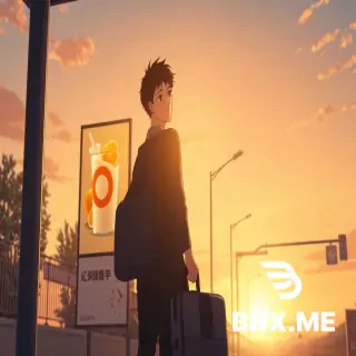 anime style cinematic illustration, makoto shinkai style, a university graduate with suitcase standing at a T-shaped bus stop shelter at sunset, a billboard poster on the stop shows fruit milk drink with an orange letter O, a clock in distance shows midnight, warm golden lighting, widescreen composition, highly detailed