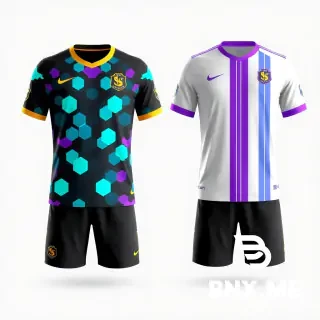 A modern football kit design for FC SYNTHETIKA. Home kit: Dark charcoal base with glowing cyan and purple hexagonal digital camo pattern, with golden trim on the sleeves and collar. The FC SYNTHETIKA logo on the chest. Away kit: Pure white with neon cyan and purple gradient stripes. The overall aesthetic is cyberpunk and futuristic.