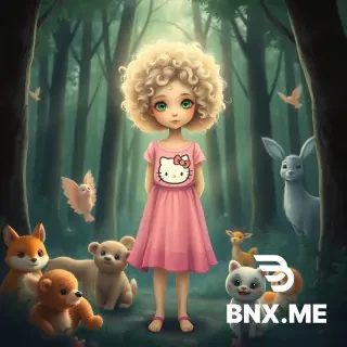 A GIRL NAMED 'light' is standing in middle of the forest, all the animals are attracted to her, forest background, the girl is spreading light in the forest, animals want to be close to her. the girl have a pink dress, curly light hair, green eyes, and a paining of 'Hello Kitty' on her dress