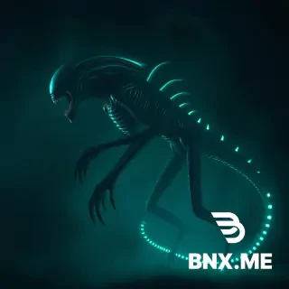 side profile view, facing left, full body shot, creepy alien monster, eyeless face, huge gaping mouth, human-like teeth, dark slimy smooth skin, ribbed skeletal chest, extremely long arms with sharp claws, digitigrade legs, long glowing segmented tail, dark foggy background, teal cyan cinematic lighting, volumetric fog, bioluminescent glow, photorealistic, horror photography, 8k, highly detailed, unsettling atmosphere, uncanny valley, lovecraftian