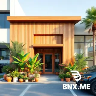 A sophisticated flower shop with a boho-style wooden entrance, warm-colored terracotta and ceramic flowerpots, lush exotic tropical plants arranged outside, a sleek modern building with large floor-to-ceiling glass windows, a clean parking area with a few stylish cars, bright and airy atmosphere, abundant natural daylight, elegant architectural design, premium landscaping, inviting storefront, photorealistic, ultra-detailed, cinematic lighting, 8K architectural visualization, realistic textures, vibrant flowers, luxury retail exterior.