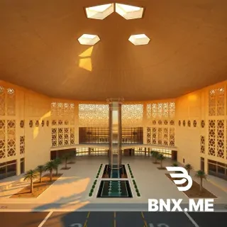 Hyper-realistic architectural exterior rendering of a mid-sized international airport terminal in the central plains of Aleppo, Syria. Wide-angle aerial view during golden hour.  The main architectural feature is a massive floating roof made of lightweight concrete, undulating in waves inspired by traditional covered souks, with large octagonal star-shaped skylights piercing through it.  The facade is constructed from alternating solid yellow limestone blocks and latticed stone screens (Mashrabiya) with complex Islamic geometric patterns, casting intricate网状 shadows on the ground.  At the heart of the design, visible through the glass walls, is an open-air central courtyard featuring olive trees, date palms, and reflective water channels with fountains.  The control tower is designed as a miniature Aleppo minaret (square base transitioning into an octagonal lantern) made of basalt stone and glass.  Surrounding the terminal are arid climate landscaping with palm tree lines and a smooth, reflective tarmac. The atmosphere is warm dusty gold, with long dramatic shadows, cinematic lighting, 8k resolution, architectural competition presentation style, highly detailed texture.--ar 16:9