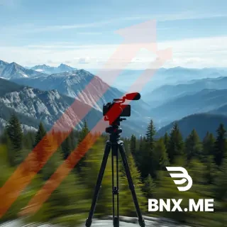 Cinematic film still, camera mounted on a tripod panning horizontally across a vast mountain landscape, strong horizontal motion blur on the foreground trees, sweeping directional arrows overlaid on the image, photorealistic, wide dynamic range.