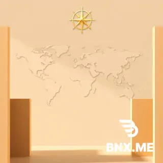 A minimal and elegant abstract composition representing global trade and sourcing. A subtle world map with golden lines connecting major trade hubs across continents. A golden compass and delicate shipping route lines appear in the background. In the foreground, clean architectural panels or geometric shapes in warm neutral tones frame the composition, giving a subtle nod to construction and design without dominating the image.