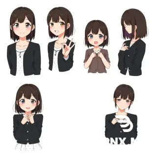 A character reference sheet for a 17-year-old Japanese high school girl named Aoi Tonegawa. Four different facial expressions and poses in a 2x2 grid, white background, full-body or half-body, semi-realistic Persona-style art.  Appearance: oval face, gentle but sharp gray Asian eyes, dark chocolate brown shoulder-length hair with bangs tucked behind ears. Wearing black cardigan, white knee-length polka dot skirt, black flat ballet shoes. Same height and build throughout.  Expressions: 1. Top left: Playful "dumb blonde" act – big exaggerated smile, one eye slightly squinted, hand waving, looking cheerful and unserious. 2. Top right: Surprise – eyes wide open, mouth slightly parted, eyebrows raised, hands near chest. 3. Bottom left: Anger / dark side – narrowed eyes, tight lips, furrowed brows, slightly lowered head, tense posture, shadow on half of face. 4. Bottom right: Neutral / calm – relaxed face, soft gaze, arms at sides.  All with soft studio lighting, pure white background, consistent character design. --ar 16:9   A character expression sheet for a 17-year-old Japanese girl named Shizuka Hasumi. Three poses in a row on white background, semi-realistic Persona style.  Appearance: sharp face, high cheekbones, thin lips, bright green Asian eyes, dark brown almost black bob with straight bangs and slight wave, dark blue sweatshirt, dark gray slim trousers, arms often crossed on chest.  Expressions: Left: Disappointment and shock – mouth slightly open, eyes wide but downcast, eyebrows asymmetrical (one raised, one lowered), head tilted slightly, hands hanging loose. Center: Anger / frustration – narrowed green eyes, pressed lips, furrowed brows, arms tightly crossed, leaning slightly forward, tense shoulders. Right: Deep thinking / solving a puzzle – eyes focused to the side, one finger touching chin, slight frown, relaxed but concentrated posture.  Consistent lighting, pure white background, same outfit and hairstyle. --ar 16:9  Full-body portrait of a 17-year-old Japanese girl, Hikari Nimura, aspiring journalist. Semi-realistic Persona style, white background, soft shadow.  Appearance: light blonde or ash-blonde hair, medium length (just below shoulders) with soft waves, not too complicated. Bright, friendly, open face, warm smile, symmetrical features, attractive but natural. Light makeup. Wearing smart-casual outfit: beige trench coat over a simple striped shirt, dark skinny jeans, white sneakers. Accessories: small shoulder bag and a notebook in hand (journalism hint). Posture: confident but not loud, one hand on hip, looking approachable.  Stylish but balanced – no neon colors, no excessive accessories. Typical Japanese face. --ar 9:16  Все на одном листе