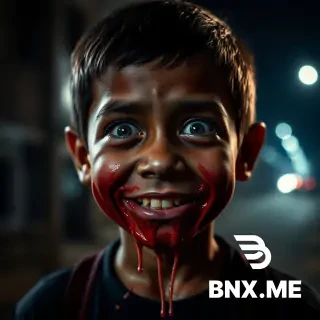 Create picture, Horror scene, small Nepali boy's face melting like wax, eyes drooping, skin dripping, creepy smile remains, surreal dark art, streetlight background, disturbing, cinematic, photorealistic, 16:9.