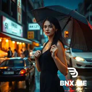 Create a hyper-realistic image, 4K quality, of a beautiful and slender woman on the street, night, rainy weather, people shopping in the market, cars waiting at a red light, rain is also visible on the woman's clothes and the street, artificial light, the woman is wearing a black dress, she is also holding an umbrella, the camera angle is a general view so that all the details of the image are visible, natural skin texture, realistic style