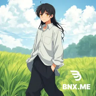 young male with long black hair and golden eyes, wide hips and very feminine appearance, short, and fairly young looking, wearing a loosfitting shirt and long pants while walking through a field in an anime style