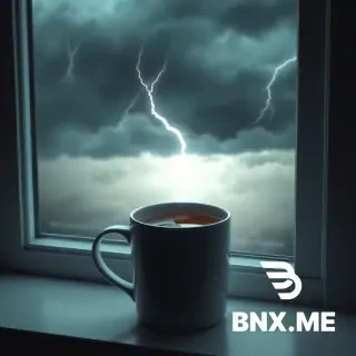 A 3D render of a coffee mug placed on a window sill during a stormy day. The storm outside the window is reflected in the coffee, with miniature lightning bolts and turbulent waves seen inside the mug. The room is dimly lit, adding to the dramatic atmosphere.