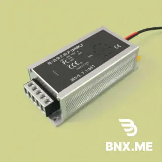 中央开关电源，标有技术规格；认证标志（CE，ROHS）；青色箭头指示电源流向及功能亮点；插图显示伺服驱动系统；插图显示家庭智能控制箱；插图显示弱电综合配线箱；文字标签“din rail power supply 45w”，“24V 2A | 高效率”，“工业自动化控制”；背景从深灰渐变至浅蓝；干净的无衬线字体；产品外壳表面质感光滑；以蓝色、白色、灰色和青色为主的冷色调。不改变产品的样子