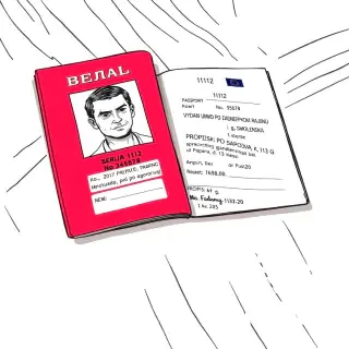 Colorful european comic book style, ligne claire, clear black ink outlines, flat colors, no shading. Extreme close-up of an open red Russian passport lying on a wooden table. The left page shows a black-and-white photo of a young man. Visible text: "SERIJA 1112 No 345678", "VYDAN UMVD PO ZADNEPROVSKOMU RAJONU g. SMOLENSKA", "PROPISKA: g. Smolensk, ul. Popova, d.113 G, kv.20". No people. No speech bubbles. No empty circles. Background light blue.