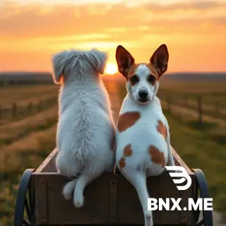 Rear view of white fluffy Maltese with floppy hanging ears and white Jack Russell with folded-over brown ears, sitting on wooden cart moving away into sunset, 1880s farm prairie. No humans, realistic dogs.