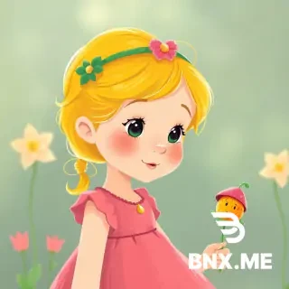 a young girl ages 3-4 with bright yellow hair wearing a pink dress and her name is poppy. Back home, Poppy finds a tiny golden strawberry wearing a little hat in her pocket, proving her magical adventure may have been real. the image must be like an illustration for kids. don't add any text to the image