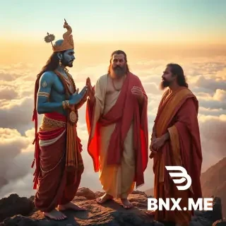 A profound and epic convergence: Lord Rama, majestic with his serene, blue-hued skin and regal attire, stands with his devoted brother Lakshmana. Both extend a respectful Anjali Mudra towards Jesus Christ, who radiates compassionate wisdom from the center of the frame, his simple robes gently flowing. Standing in humble reverence slightly behind Rama, the powerful figure of Hanuman gazes upon Christ with unwavering devotion. This timeless meeting unfolds on a majestic, cloud-kissed mountain peak, bathed in the ethereal, warm glow of golden hour. Volumetric light rays pierce through the soft mists, casting strong, defined rim lights that emphasize their divine presence, yet grounded in a stunning Realistic Pro aesthetic. Captured on a Hasselblad X2D with an 80mm prime lens at f/2.8, the scene boasts rich, naturalistic colors and intricate textures, meticulously graded with a warm, amber palette, reminiscent of Annie Leibovitz's spiritual portraiture. ultra-detailed, 8K resolution, award-winning photography, shot on Hasselblad X2D, 80mm lens., --ar 9:16, full body shot, head-to-toe view, vertical orientation