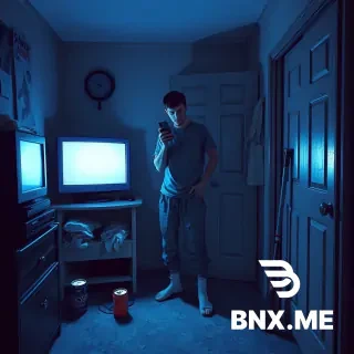 Night, 8:03 PM, Day 0. A small, lived-in 7th-floor apartment in a 10-floor urban building. Cold blue monitor glow, old carpet, energy drink can, unfolded laundry. Protagonist wears a t-shirt, sweatpants, and socks, no shoes. Phone, charger, keys, wallet. Optional metal bat leaning by the closet. Mood: tense, quiet, survival-thriller. No explicit gore, no visible attackers, no blood.