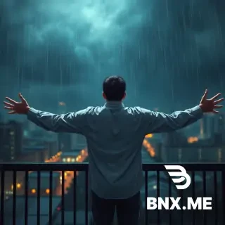 Wide cinematic shot from behind, a man standing on a rainy balcony, arms spread wide open, looking up at the dark stormy sky, city lights blurred in the background, rain soaking his clothes, feeling of painful liberation, anime style, dramatic lighting