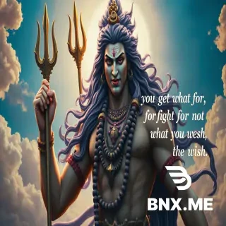 Fierce Lord Shiva depicted in a Renaissance-style fresco painting, powerful sculptural anatomy, intense divine expression, flowing hair and sacred ornaments, celestial background with soft clouds and divine light, dramatic chiaroscuro, pastel color palette of soft blues, violets, ash tones, and warm creams. The quote “You get what you fight for, not what you wish” subtly integrated in elegant classical lettering, fine art, high detail, spiritual intensity.