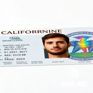 Create an Ultra-realistic 16:9 close-up scan of a California driver's license placed on a clean light grey/white background. The card is horizontally aligned, centered in frame, captured in sharp focus with studio lighting.  Design features a modern government-issued ID layout with English text. Top-left includes the California state flag with bear emblem. Header text reads “CALIFORNIA DRIVER LICENSE”.  The card includes a passport-style portrait of a man: brown hair, neutral expression, direct gaze, warm skin tone.  Personal details section includes: – Name: MARTINS LIAM ANAYA – Date of birth: 19 DEC 1979 – Height: 6.20 ft – Weight: 238.10 lb – Eyes: brown – Hair: brown – Address: Frederick St, San Francisco, CA 94117 – Issue date: 20 MAY 2024 – Expiry date: 20 MAY 2034  Background design includes intricate guilloche patterns, microprinting, and soft gradients. A large holographic state seal occupies the right side with iridescent rainbow reflections.  Additional elements: – Government of California emblem in top-right – Embedded hologram square with security seal – Fine-line engraving patterns across the surface – Signature at bottom right (“MARTINS LIAM ANAYA”)  Lighting is soft and even, highlighting laminated plastic texture, subtle reflections, and security overlays. No hand visible. Clean, minimal, professional composition. Photorealistic, high detail, 8K quality.