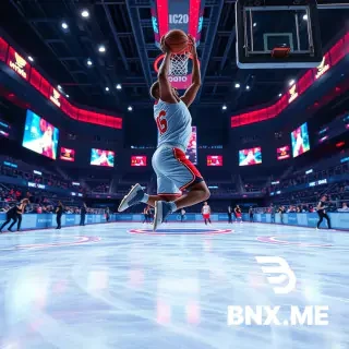 A futuristic high‑tech indoor basketball arena, immersive LED displays and holographic scoreboards, a basketball game played on ice, athletes in classic‑cut basketball jerseys and shorts but made of sleek smart fabrics with subtle glowing seams, wearing figure skates, each player leaves a bright colored ice trail behind their skates matching their team color (red team vs blue team), dynamic mid‑action shot: a player leaping for a slam dunk, ice shavings flying, neon trails swirling on the ice, cinematic lighting, sharp focus, hyper‑realistic, 8k, epic sports photography style.