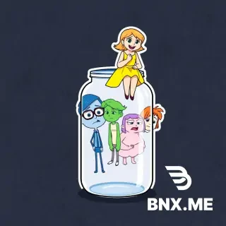 Flat, cartoon-style drawing with highly saturated colors and thick black borders, like a sticker or poster. Set against a dark asphalt texture background. A large, clear glass jar stands upright. Inside are the emotions from Inside Out 2: Anger (red, angry), Sadness (blue, wearing glasses), Disgust (green, in a disgusted pose), Fear (light purple, trembling), and Anxiety (orange, disheveled). On the lid, Joy (bright yellow, wearing a dress) sits with her legs dangling, smiling broadly. Clear line style, no complex shading. Simplified design intended for painting with a brush and enamel paint.