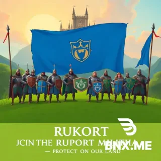 Epic fantasy recruitment poster for the guild "RUKORT". A group of brave heroes in shining armor stands together on a green hill, holding a large blue banner with a shield emblem. In the background, a majestic castle with towers. Pastel color palette: soft green and sky blue. Warm sunset lighting, friendly and inspiring atmosphere. No weapons visible, only shields and flags. Text at the bottom: "JOIN THE RUKORT MILITIA — PROTECT OUR LAND". Style: classic fantasy illustration, highly detailed, 4k, cinematic.
