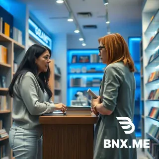 A medium shot of a tense scene inside a modern book and stationery store with blue and white interior design (white walls, blue shelves, blue accent lighting). An angry 40-year-old woman with long black hair, blue eyes, wearing white jeans, is arguing loudly with the store manager. The manager is a slim woman in her 30s with wheat-colored hair, wearing glasses and a worried expression, leaning back behind the wooden counter. The atmosphere is stressful. Ambient lighting, realistic style, 4K, cinematic composition. --ar 9:16