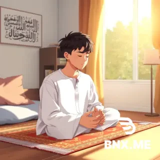 Anime style, adult Muslim boy with a stylish Korean haircut (two-block cut with slightly wispy bangs), wearing a clean white thobe or loose shirt and pants. He is sitting on a colorful prayer mat in his cozy bedroom, in a praying position (sajdah) with his forehead touching the mat, hands placed flat. Soft golden sunlight streams through a window beside him. On the wall, there is Arabic calligraphy art. A small bookshelf and a lamp on a bedside table. Warm, peaceful atmosphere, gentle shadows, high quality, anime art style, clean lines, soft colors."