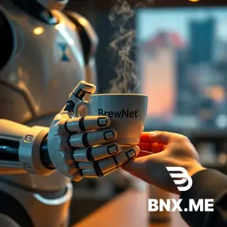 A cinematic, hyper-detailed poster of a futuristic robot barista handing a steaming ceramic cup of coffee to a human customer — extreme close-up on both sets of hands and fingers, showing mechanical articulation and soft, realistic human skin. The robot has a small logo on its chest that reads “BrewNet” in clean sans-serif, warm cinematic rim lighting, shallow depth of field, 8k detail, photorealistic, subtle film grain. Emphasize realistic fingers and correct anatomy, no extra or missing digits, no floating limbs. Include a faint cityscape bokeh in the background.