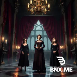 Use the uploaded image as t Preserve the original composition, camera angle, poses, and character placement while transforming the scene into an authentic Resident Evil Village atmosphere.  Replace the characters with the official in-game appearances of Lady Dimitrescu and her three daughters: Bela Dimitrescu, Cassandra Dimitrescu, and Daniela Dimitrescu. Their faces, hairstyles, makeup, expressions, clothing, proportions, and details should closely match their original Resident Evil Village designs.  Lady Dimitrescu stands confidently in the center, tall and dominant, holding her elegant cigarette holder and a golden wine goblet. The three daughters stand around her in intimidating symmetrical poses. All four characters must remain standing.  Set the scene inside Castle Dimitrescu's grand hall with towering Gothic architecture, luxurious crimson velvet curtains, massive chandeliers, antique paintings, gold decorations, marble floors, tall arched windows, candlelight, and thick atmospheric fog.  Make the atmosphere significantly darker and more terrifying while preserving the elegant gothic style.  Add horror elements:  Deep shadows covering most of the room.  Cold blue moonlight entering through the windows.  Warm flickering candlelight creating dramatic contrast.  Thick volumetric fog across the floor.  Countless black insects surrounding the daughters.  Swarms of flies emerging from beneath their dresses.  Floating dust particles.  Torn curtains moving slightly.  Cracked walls.  Broken mirrors.  Blood stains on the marble floor.  Fresh claw marks on pillars.  Dark dried blood trails.  Broken wine glasses scattered around.  Long unnatural shadows.  Faint supernatural aura around the daughters.  Subtle mist surrounding Lady Dimitrescu.  Sinister glowing eyes.  Pale vampire skin.  Predatory expressions.  Elegant but terrifying smiles.   Lady Dimitrescu should appear regal, elegant, dominant, intimidating, and terrifying.  The daughters should look supernatural, graceful, predatory, and haunting, exactly like their Resident Evil Village versions.  The image should feel like an official AAA promotional artwork from Resident Evil Village, not cosplay, not fan art.  Vertical smartphone wallpaper (9:16).  Ultra photorealistic. Extremely detailed. 8K resolution. Cinematic lighting. HDR. Ray tracing. Unreal Engine 5 quality. Dark fantasy. Gothic horror masterpiece. Volumetric lighting. Film quality. Sharp focus. Hyper realistic skin. Highly detailed fabrics. Official promotional art quality.