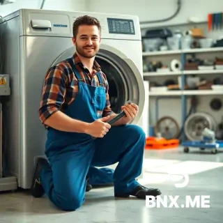 A repairman in a blue work overalls kneeling in front of an open washing machine, holding a wrench in his hand, a bright workshop with spare parts in the background, photorealistic style, daylight lighting, high detail.