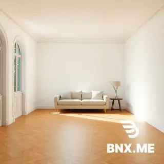 Interior render of a French-style living room on the ground floor, 6m long x 4m wide.  The room has limited natural light – soft, diffused daylight enters through a wide balcony opening (2.8m wide x 2.4m high). The opening is a very shallow flat arch: the top edge has a gentle, subtle curve with an arch rise of only about 10cm (1/28 of the width). It is NOT a perfect rectangle, NOT completely straight at the top. The two corners are softly rounded, not sharp. No door leaf, just an open archway. Floor: honey-colored oak herringbone parquet, each plank length-to-width ratio 5:1 (e.g., 600mm x 120mm), semi-matte finish with light wire-brushed texture.  To show scale, include a standard two-seater sofa (1.6m wide) against the wall and a small side table.  Cream white walls with simple crown molding.  Camera: normal lens (not wide-angle), eye-level view, photorealistic, 8K.  Lighting: realistic for a ground floor room – moderate brightness, slightly dim, no harsh sunlight, soft shadows, warm and cozy atmosphere.  Negative prompt: fisheye, extreme wide angle, distorted perspective, oversized planks, bright sunlight, harsh shadows, overexposed, high contrast, dark gloomy, door leaf, glass door, perfect rectangle, completely straight top, sharp corner, second floor, too bright, sunny.