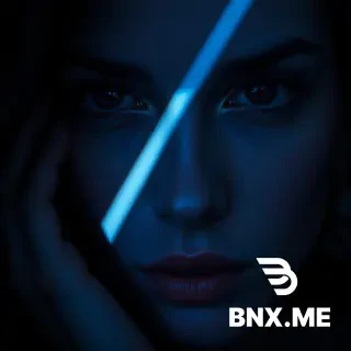 hyperrealistic close-up portrait, woman looking directly into camera, sharp cold blue light beam cutting across her face, deep black shadow on the other half, single tear or light reflection on cheek, dark elegant mood, high contrast lighting, cinematic, 35mm film, sharp focus on eyes, moody and haunting, --ar 1:1 --v 6