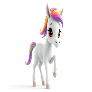 "3D animated character, a cute young horse with soft white fur, a rainbow-colored flowing mane and tail with tiny braids, big brown eyes with long eyelashes, a gentle smile, long graceful legs with white feathered hooves, prancing pose with a playful energetic expression, Pixar/Illumination style, bright vibrant colors, soft volumetric lighting, high detail, 8k resolution, white background with soft shadow for transparency.