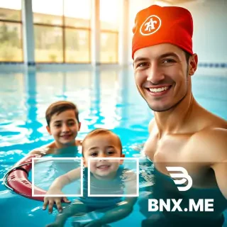 Professional advertisement photograph for private swimming and lifeguard training lessons, targeting both children and adults in an upscale modern residential area of Tehran (similar to West Town and Saeedabad district). Close-up shot of a smiling professional lifeguard instructor (wearing a red swim cap with a lifeguard logo) teaching a happy young child and an adult student in clear blue indoor pool water. The instructor's face radiates trust, safety, and expertise, holding a rescue tube nearby to emphasize safety. Bright, warm natural daylight streaming through large windows, creating sparkling light patterns on the water. Modern minimalist pool environment with white and blue tiles. Photorealistic, commercial advertising style, shallow depth of field, 8k, shot on Canon EOS R5, 85mm lens, f/1.8. Color palette: aqua blue, white, warm golden sunlight.   **CRITICAL DESIGN ELEMENT**: On the bottom-left empty space of the image, clearly overlay exactly three separate, sleek, modern rectangular text boxes (cards) stacked vertically. These rectangles must have perfectly straight edges, rounded corners, and a semi-transparent frosted glass effect (white with 70% opacity). Each rectangle is empty inside (no gibberish text), designed as clean placeholders for future promotional typography. Leave sufficient padding between each box. The background pool water and faces must remain sharp behind the semi-transparent boxes. Aspect ratio: 16:9.