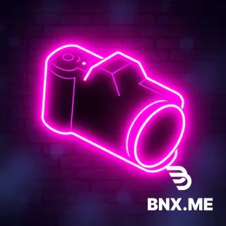 Neon sign logo for a photographer. The silhouette of a camera body or lens shape drawn in glowing magenta and cyan neon tubing. Realistic light bloom and haze effect on a dark charcoal brick wall background. Cyberpunk edge, music venue vibe, high resolution, ultra detailed --ar 2:1